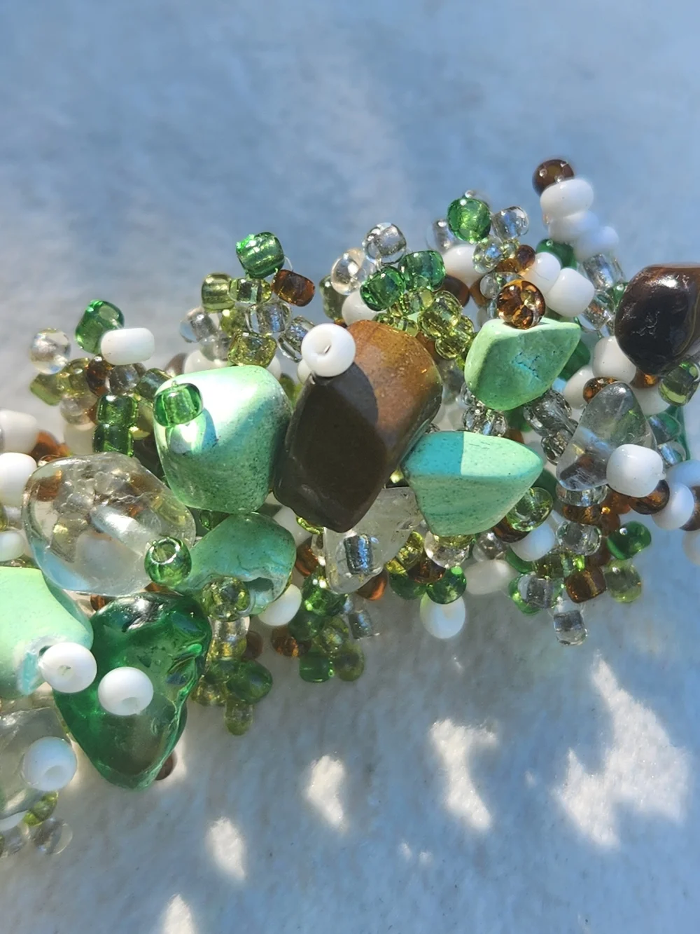 VTG Artisan Handmade Beaded Cluster Cuff Bracelet Earthy Green Stone Chip Boho